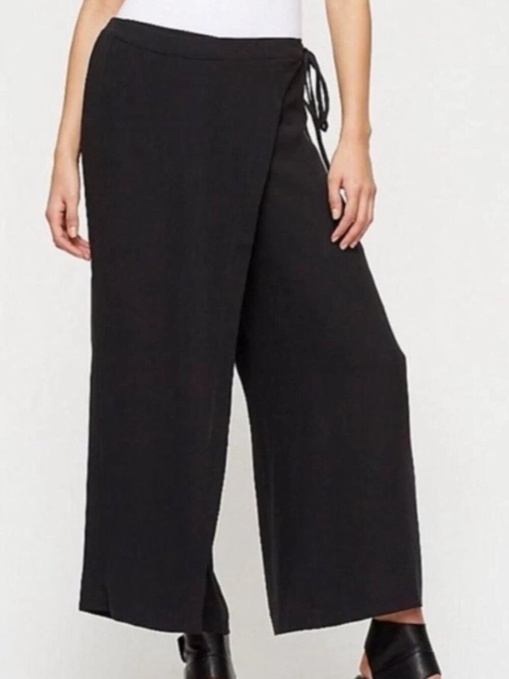 Eileen Fisher Black Silk Skirted Pants Size Large Foldover Tie Front Lagenlook